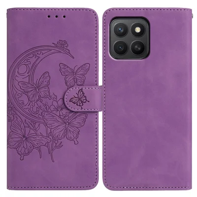 For Honor X8c 4G  /  X8b 4G Case Butterfly Flower Imprinted PU Leather Wallet Stand Phone Cover - Purple