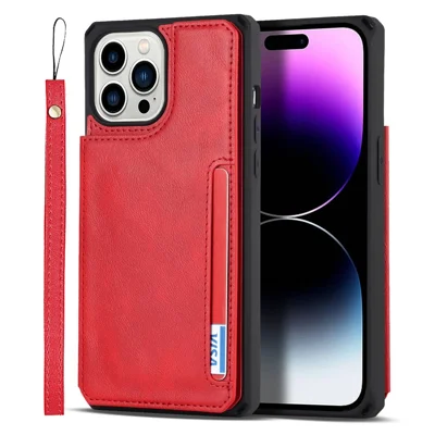 For iPhone 14 Pro Max Multiple Card Slots Kickstand Design Anti-scratch PU Leather+TPU Phone Case Magnetic Snap Button Phone Cover Shell - Red