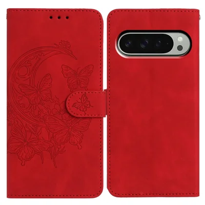 For Google Pixel 9 Pro XL Case Butterfly Flower Imprinted PU Leather Wallet Stand Phone Cover - Red
