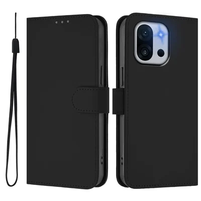 For OnePlus 13T 5G Case Solid Color Wallet Leather Phone Cover with Strap - Black