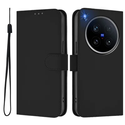 For vivo X200 Ultra 5G Case Solid Color Wallet Leather Phone Cover with Strap - Black