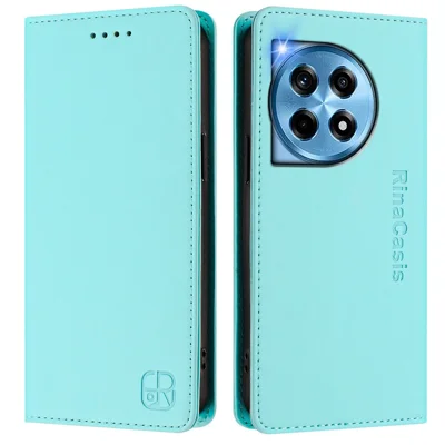 For OnePlus 12 5G Leather Case RINACASIS RC01 Phone Cover with RFID Blocking Wallet Stand - Mint Green