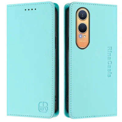 For Oppo K12x 5G (China) / OnePlus Nord CE4 Lite 5G Leather Case RINACASIS RC01 Phone Cover with RFID Blocking Wallet Stand - Mint Green