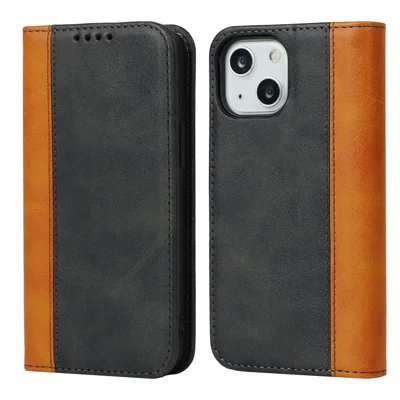 For iPhone 14 Plus Bi-color Splicing Calf Texture PU Leather Drop-proof Case Magnetic Auto-absorbed Phone Wallet Stand Cover - Black / Yellow