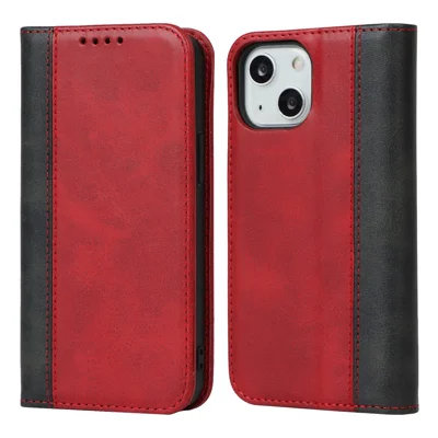 For iPhone 14 Plus Bi-color Splicing Calf Texture PU Leather Drop-proof Case Magnetic Auto-absorbed Phone Wallet Stand Cover - Red / Black