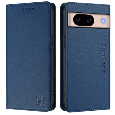 For Google Pixel 8a Leather Case RINACASIS RC01 Phone Cover with RFID Blocking Wallet Stand - Dark Blue