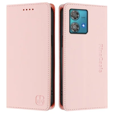 For Motorola Edge 40 Neo 5G Leather Case RINACASIS RC01 Phone Cover with RFID Blocking Wallet Stand - Pink