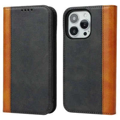 For iPhone 14 Pro Bi-color Splicing Calf Texture PU Leather Phone Case Magnetic Auto-absorbed Flip Stand Wallet Cover - Black / Yellow