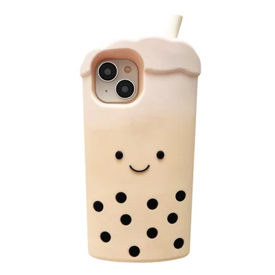 For iPhone 15 Silicone Case Cute 3D Pearl Milk Tea Style Shockproof Phone Back Cover - White