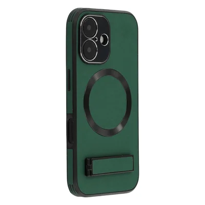 For iPhone 16 Kickstand Case Compatible with MagSafe PC + TPU + PU Phone Back Cover - Green