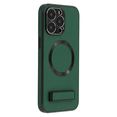 For iPhone 15 Pro Max Kickstand Case Compatible with MagSafe PC + TPU + PU Phone Back Cover - Green