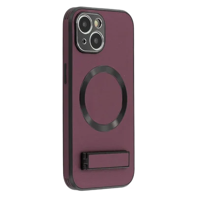 For iPhone 15 Kickstand Case Compatible with MagSafe PC + TPU + PU Phone Back Cover - Wine Red