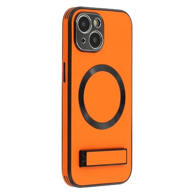 For iPhone 13 Kickstand Case Compatible with MagSafe PC + TPU + PU Phone Back Cover - Orange