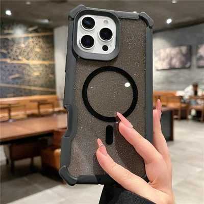 For iPhone 16 Pro Magnetic Case Detachable 2 in 1 Glitter TPU + PC Shockproof Phone Back Cover - Black