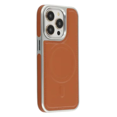 For iPhone 14 Pro Case Compatible with MagSafe Electroplating Edge PU + TPU + PC Phone Back Cover - Brown