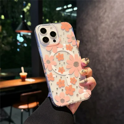 For iPhone 15 Pro Magnetic Case IMD Flower Pattern TPU + PC Clear Back Phone Cover - Style A