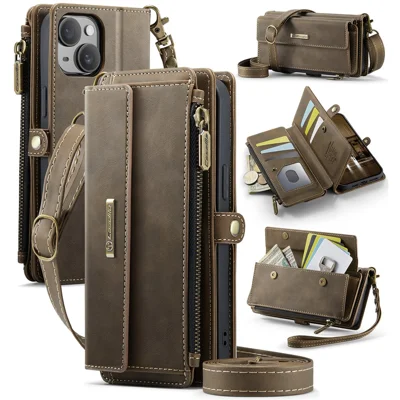 CASEME For iPhone 14 Case  C39 RFID Blocking Zipper Wallet Stand Leather Cover with Strap - Brown