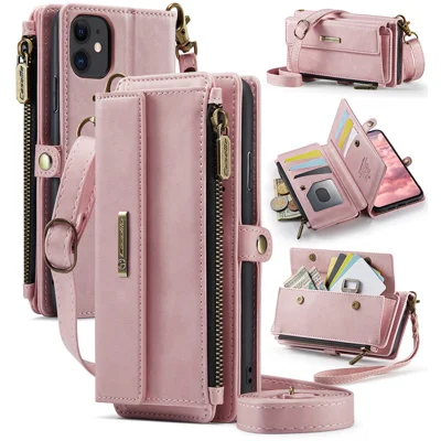 CASEME For iPhone 11 Case  C39 RFID Blocking Zipper Wallet Stand Leather Cover with Strap - Pink