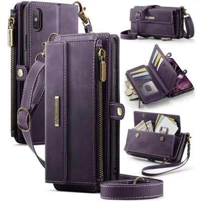 CASEME For iPhone XS 5.8 inch / iPhone X Case  C39 RFID Blocking Zipper Wallet Stand Leather Cover with Strap - Purple
