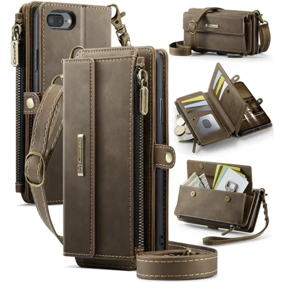 Til iPhone 7 Plus 5,5 tommer / iPhone 8 Plus 5,5 tommer / iPhone 6 Plus 5,5 tommer Case CASEME C39 RFID-blokerende lynlåsewallet stand læderomslag med rem - Brun