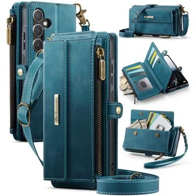 CASEME For Samsung Galaxy A55 5G Case  C39 RFID Blocking Zipper Wallet Stand Leather Cover with Strap - Green