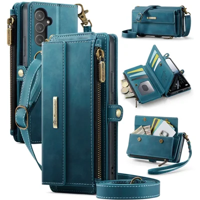 CASEME For Samsung Galaxy A54 5G Case  C39 RFID Blocking Zipper Wallet Stand Leather Cover with Strap - Green