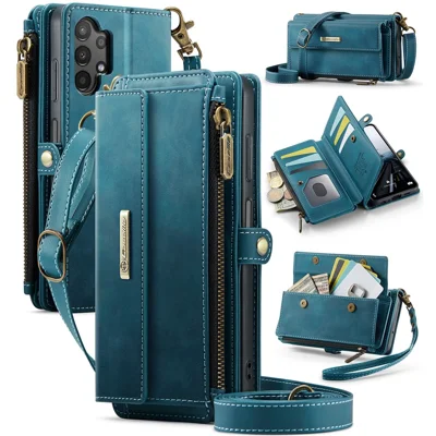 CASEME For Samsung Galaxy A13 5G / Galaxy A13 4G Case  C39 RFID Blocking Zipper Wallet Stand Leather Cover with Strap - Green