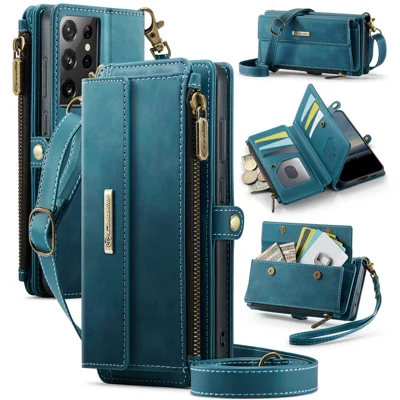 CASEME For Samsung Galaxy S21 Ultra 5G Case  C39 RFID Blocking Zipper Wallet Stand Leather Cover with Strap - Green