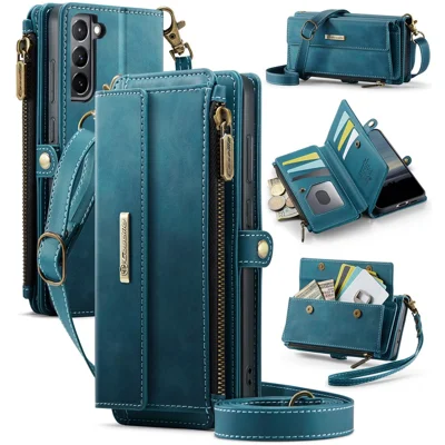 CASEME For Samsung Galaxy S21+ 5G Case  C39 RFID Blocking Zipper Wallet Stand Leather Cover with Strap - Green