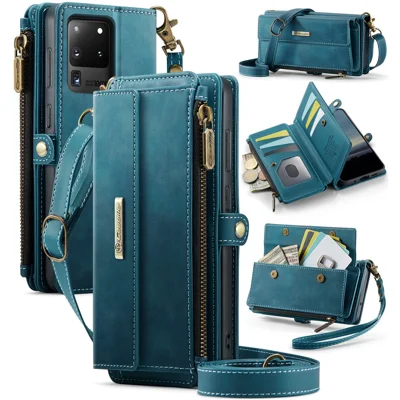 CASEME For Samsung Galaxy S20 Ultra Case  C39 RFID Blocking Zipper Wallet Stand Leather Cover with Strap - Green