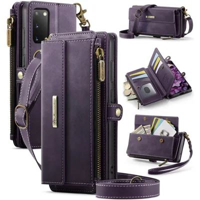 CASEME For Samsung Galaxy S20 4G / Galaxy S20 5G Case  C39 RFID Blocking Zipper Wallet Stand Leather Cover with Strap - Purple