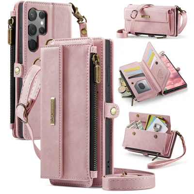 CASEME For Samsung Galaxy S23 Ultra Case  C39 RFID Blocking Zipper Wallet Stand Leather Cover with Strap - Pink