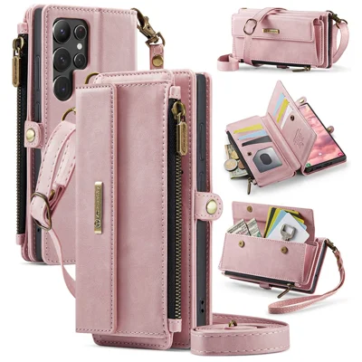 CASEME For Samsung Galaxy S22 Ultra 5G Case  C39 RFID Blocking Zipper Wallet Stand Leather Cover with Strap - Pink