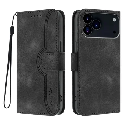 For iPhone 18 Pro / 17 Pro Leather Case Wallet Stand Smile Imprinted Phone Cover with Strap - Black