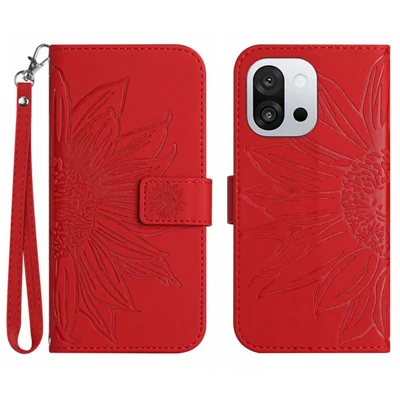 For OnePlus 13T 5G Case Sunflower Imprint Leather Wallet Phone Cover with Wrist Strap - Red