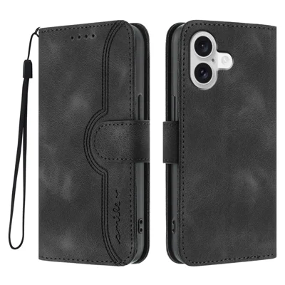 For iPhone 17 Leren Hoesje Portemonnee Stand Glimlach Bedrukt Telefoonhoesje met Riempje - Zwart