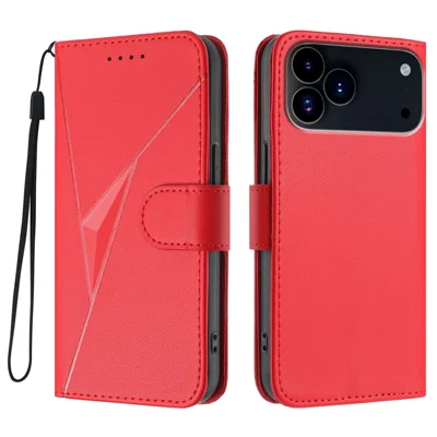 For iPhone 17 Pro Max Case Triangle Imprint Leather Phone Cover with Lanyard - Red