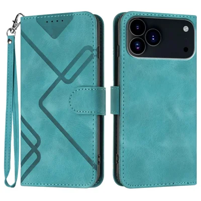 For iPhone 17 Pro Wallet Case Line Imprinted PU Leather Phone Cover with Strap - Light Blue