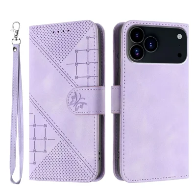 Läder för iPhone 17 Pro Max plånboksfodral med fjäril och blommönster, telefonhölse med rem – Lila