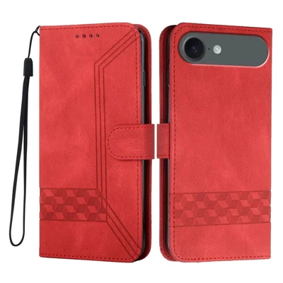 For iPhone Air Phone Case with Strap Imprint PU Leather Wallet Stand Cover - Red