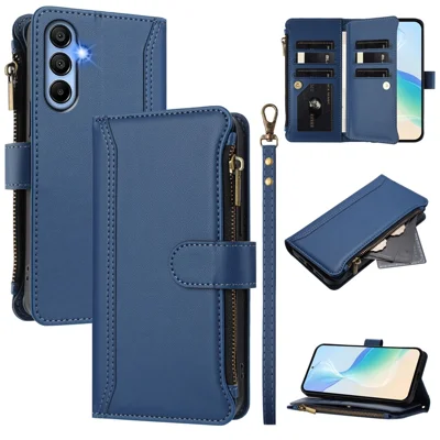 For Samsung Galaxy A15 4G / Galaxy A15 5G Leather Case 9 Card Slots Zipper Wallet Stand Phone Cover with Wrist Strap - Dark Blue