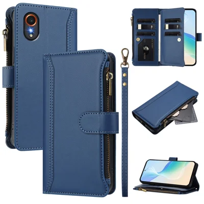 For Samsung Galaxy Xcover7 Leather Case 9 Card Slots Zipper Wallet Stand Phone Cover with Wrist Strap - Dark Blue