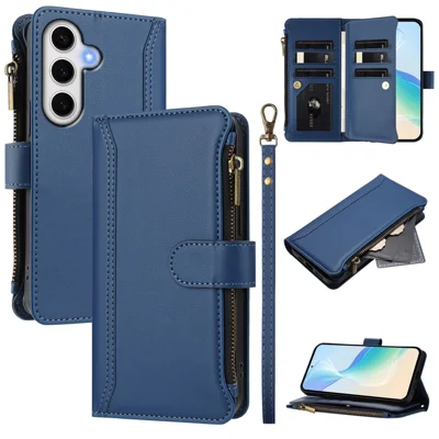 For Samsung Galaxy S24 FE Leather Case 9 Card Slots Zipper Wallet Stand Phone Cover with Wrist Strap - Dark Blue