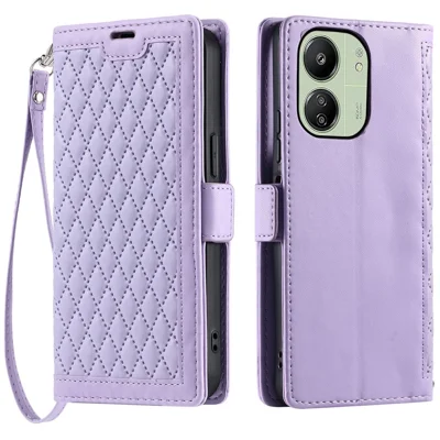 Leather Case For Xiaomi Redmi 13C 5G  /  4G  /  13R 5G  /  Poco C65 4G Rhombus Texture Wallet Stand Phone Cover with Wrist Strap - Purple