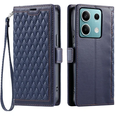 For Xiaomi Redmi Note 13 5G Leather Case Rhombus Texture Wallet Stand Phone Cover with Wrist Strap - Blue