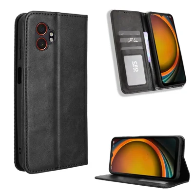For Samsung Galaxy XCover7 Pro Leather Case Wallet Stand Retro Texture Phone Cover - Black