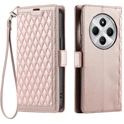 Leather Case For Xiaomi Redmi 17C 4G / 14C 5G  /  14C 4G  /  14R 5G  /  Poco C75 4G Rhombus Texture Wallet Stand Phone Cover with Wrist Strap - Rose Gold