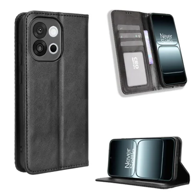 For OnePlus 13T 5G Leather Case Wallet Stand Retro Texture Phone Cover - Black