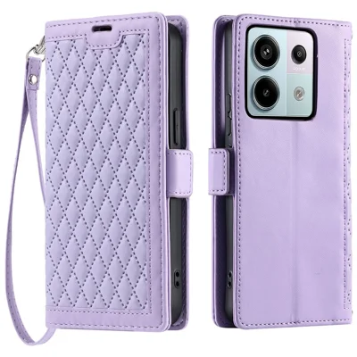 For Xiaomi Redmi Note 13 Pro 5G  /  Poco X6 5G Leather Case Rhombus Texture Wallet Stand Phone Cover with Wrist Strap - Purple