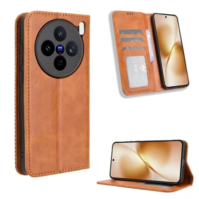 For vivo X200s 5G Leather Case Wallet Stand Retro Texture Phone Cover - Brown